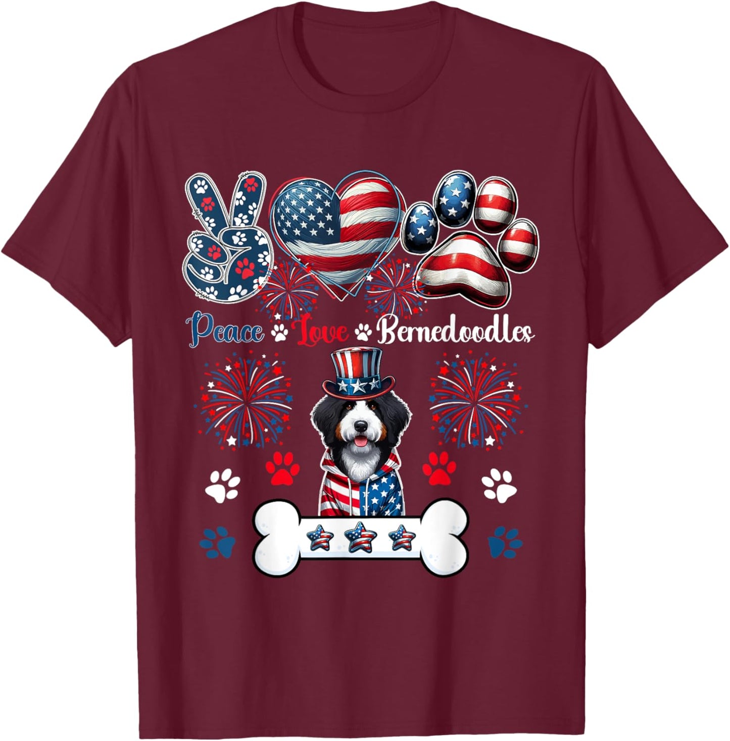 Peace Love Bernedoodles 4th Of July Owner Lover Patriotic T-Shirt - T-Shirt | Maroon