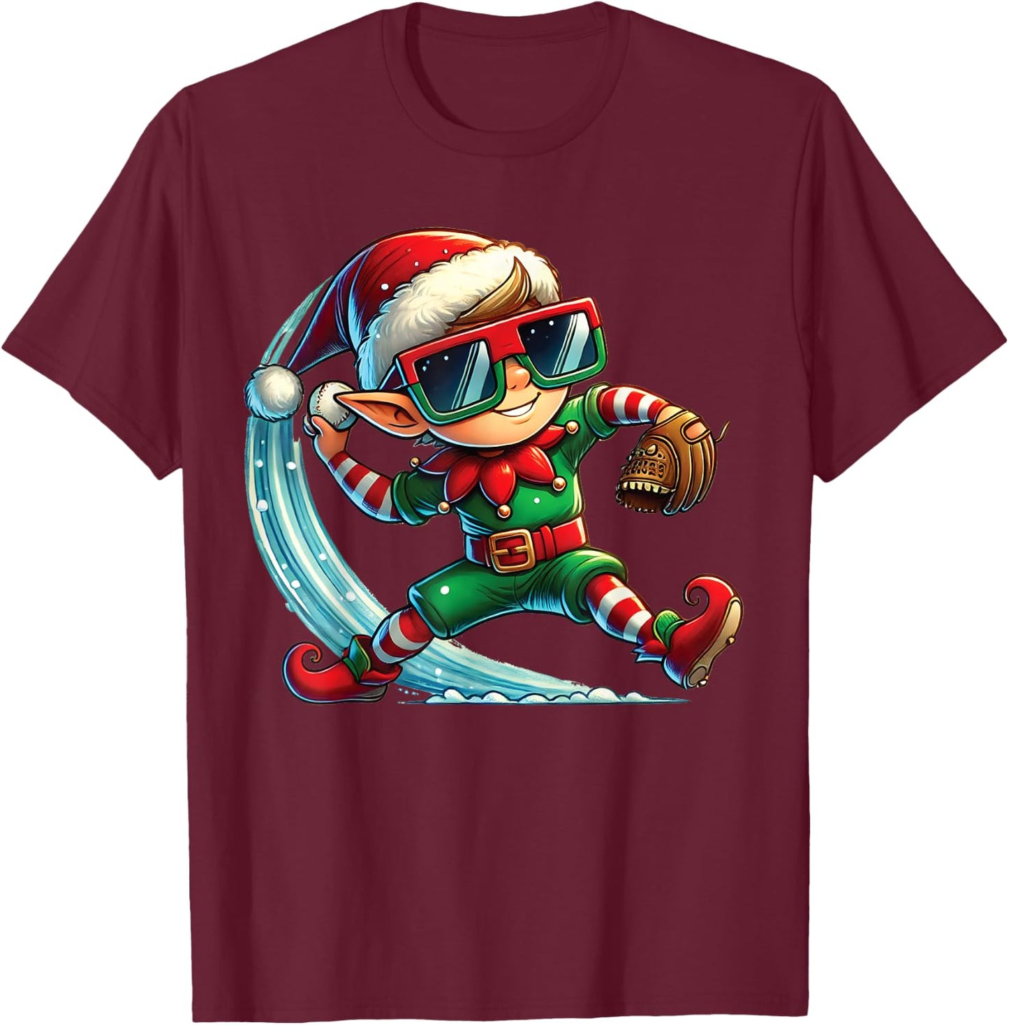 Elf Playing Baseball as Pitcher Boys Kids Teens Christmas T-Shirt - T-Shirt | Maroon