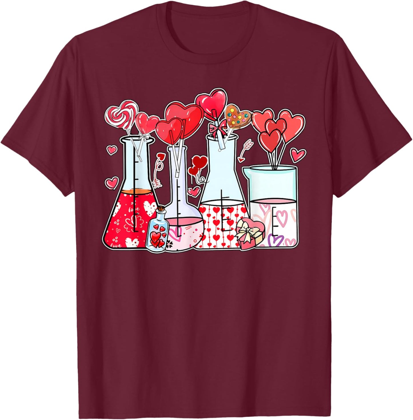 Beaker Test Tube Heart Laboratory Valentines Science Teacher T-Shirt - T-Shirt | Maroon