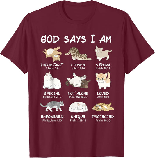 Funny Cat Girls Teens Kids God Says I Am Christian Cat Lover T-Shirt - T-Shirt | Maroon