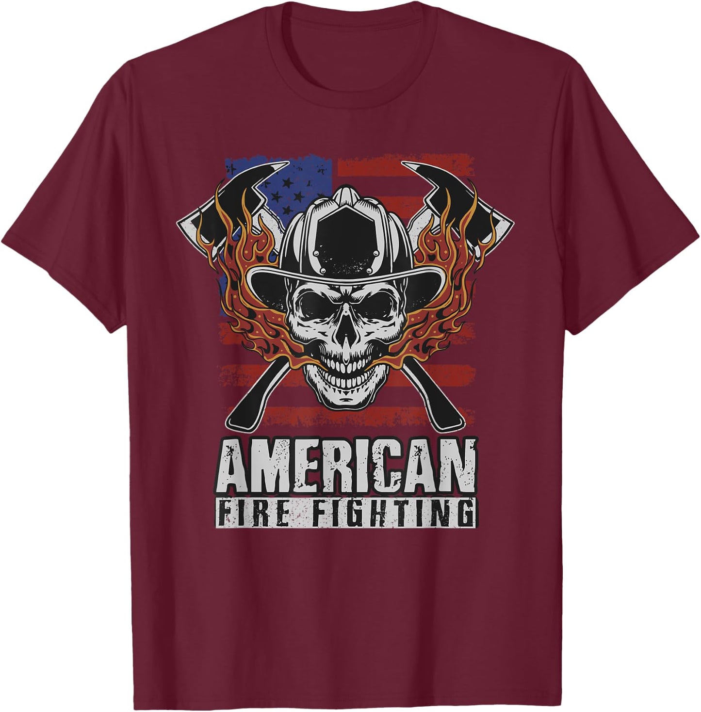Funny Firefighter Gift Patriotic American Flag Fireman Skull T-Shirt - T-Shirt | Maroon