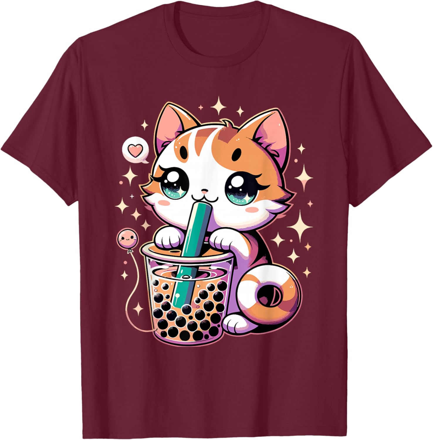 Cat Boba Japanese Kawaii Anime Kitty Bubble Tea Neko Teen T-Shirt - T-Shirt | Maroon