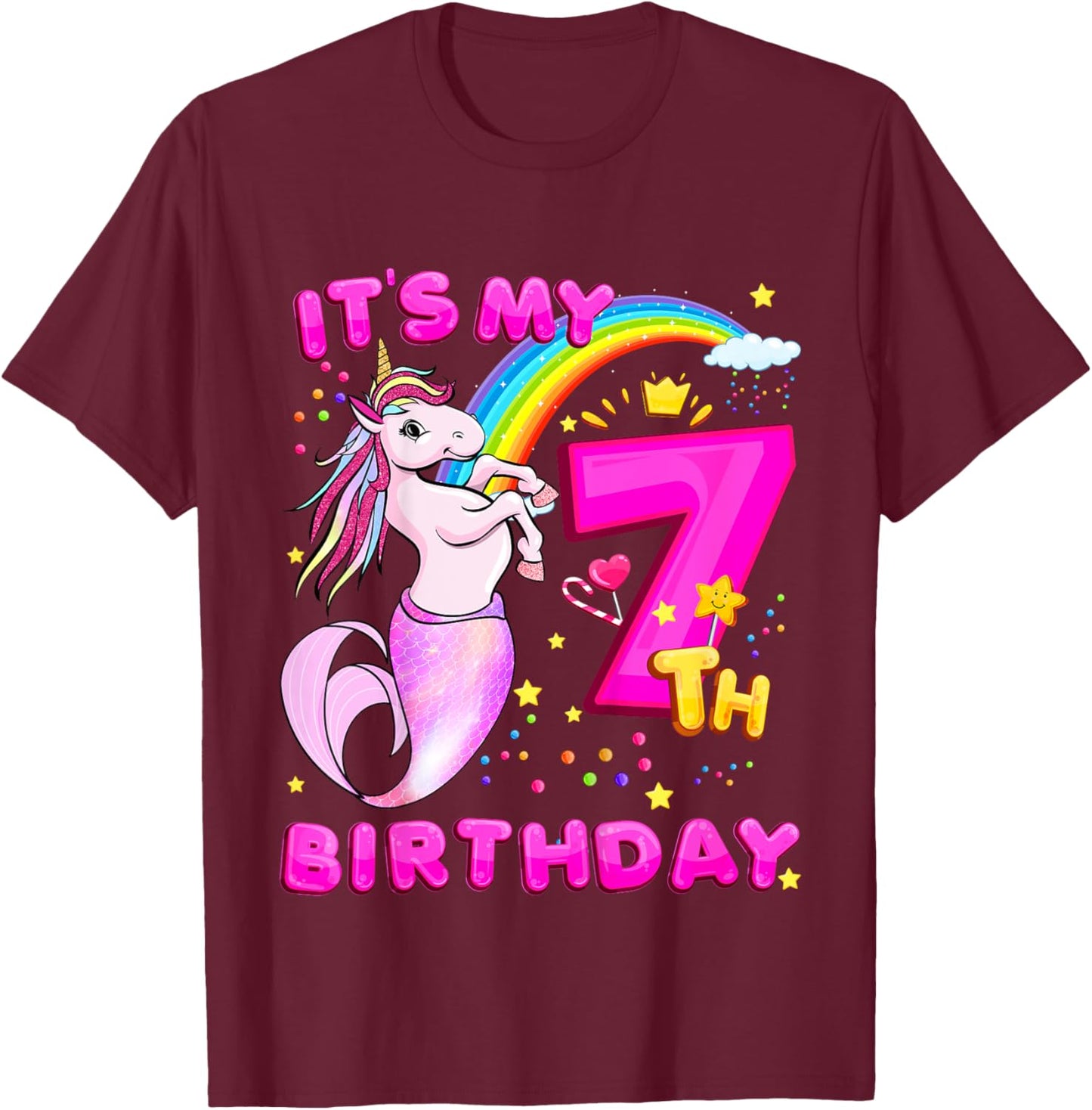 7th Birthday Unicorn Mermaid Girls 7 Years Old Mermicorn T-Shirt - T-Shirt | Maroon