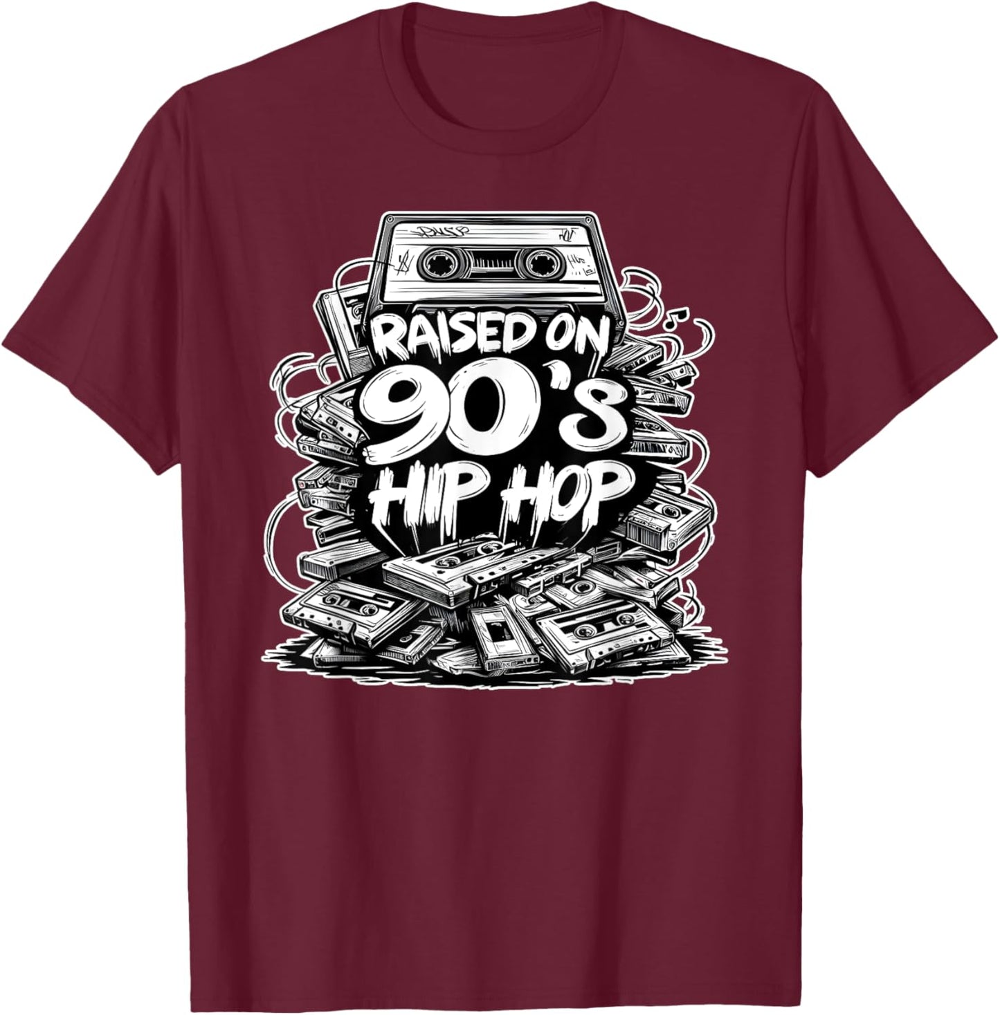 RAISED ON 90s HIP HOP Cassette Tape Graffiti Rap T-Shirt - T-Shirt | Maroon