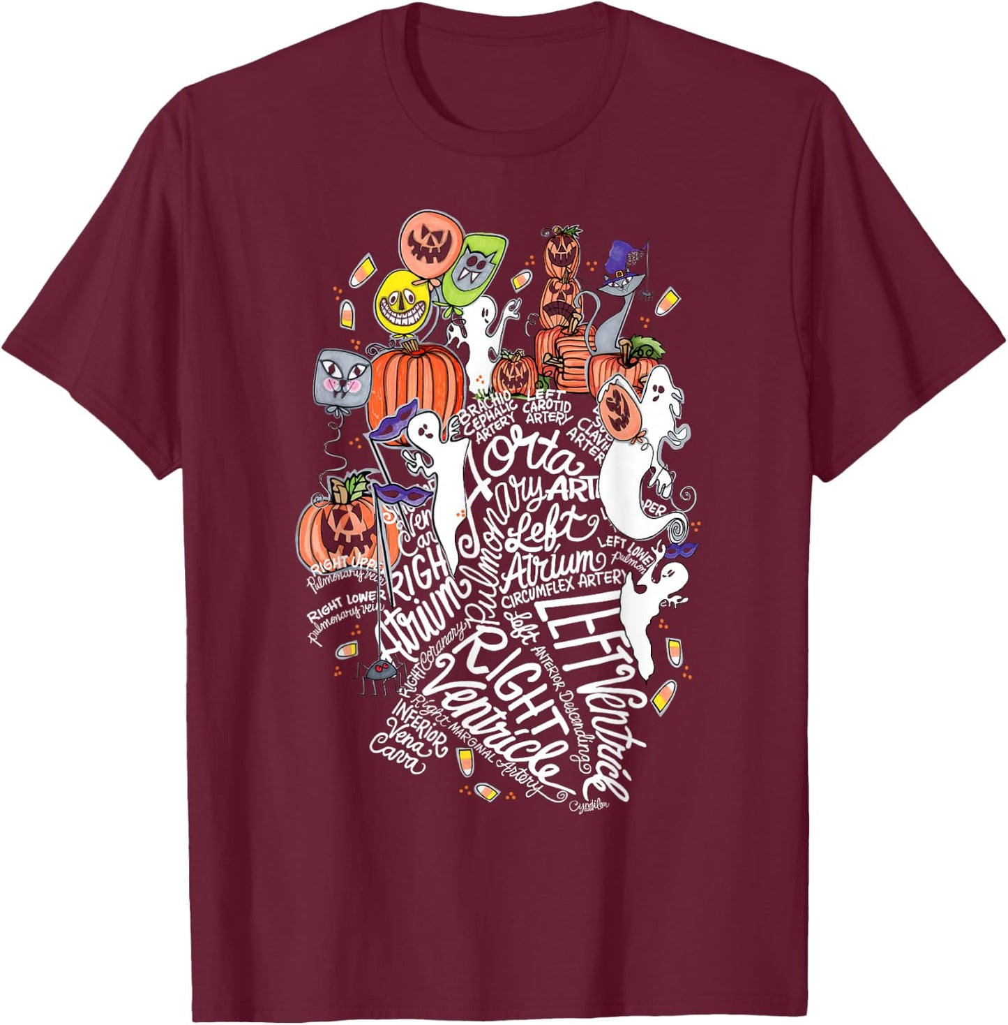 Anatomical Heart Halloween Medical White Word Cloud Line Art T-Shirt - T-Shirt | Maroon
