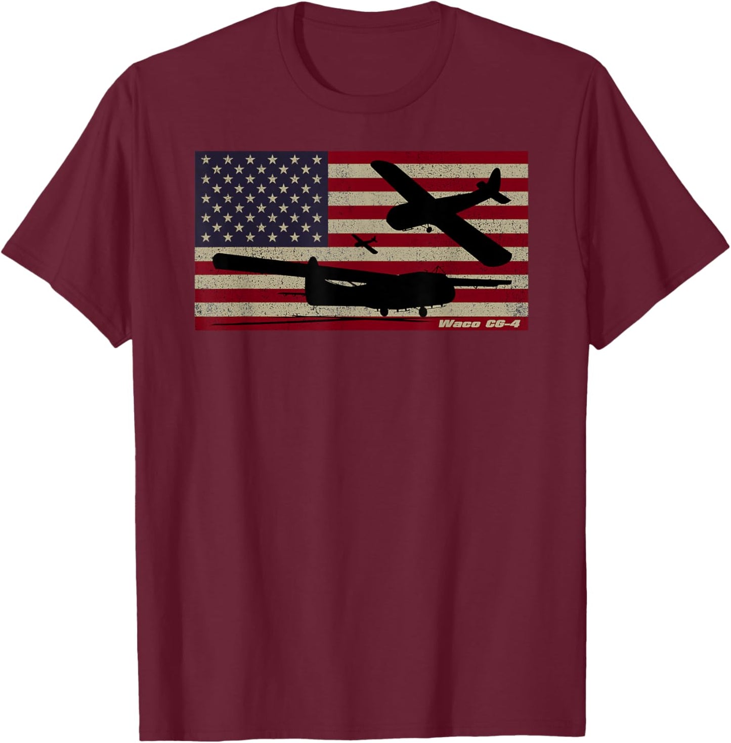 Waco CG-4 WW2 Military Glider American Flag T-Shirt - T-Shirt | Maroon