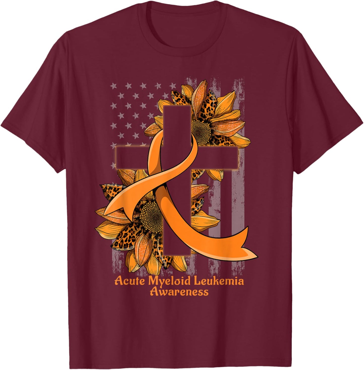 Sunflower Christian Cross Acute Myeloid Leukemia Awareness T-Shirt - T-Shirt | Maroon