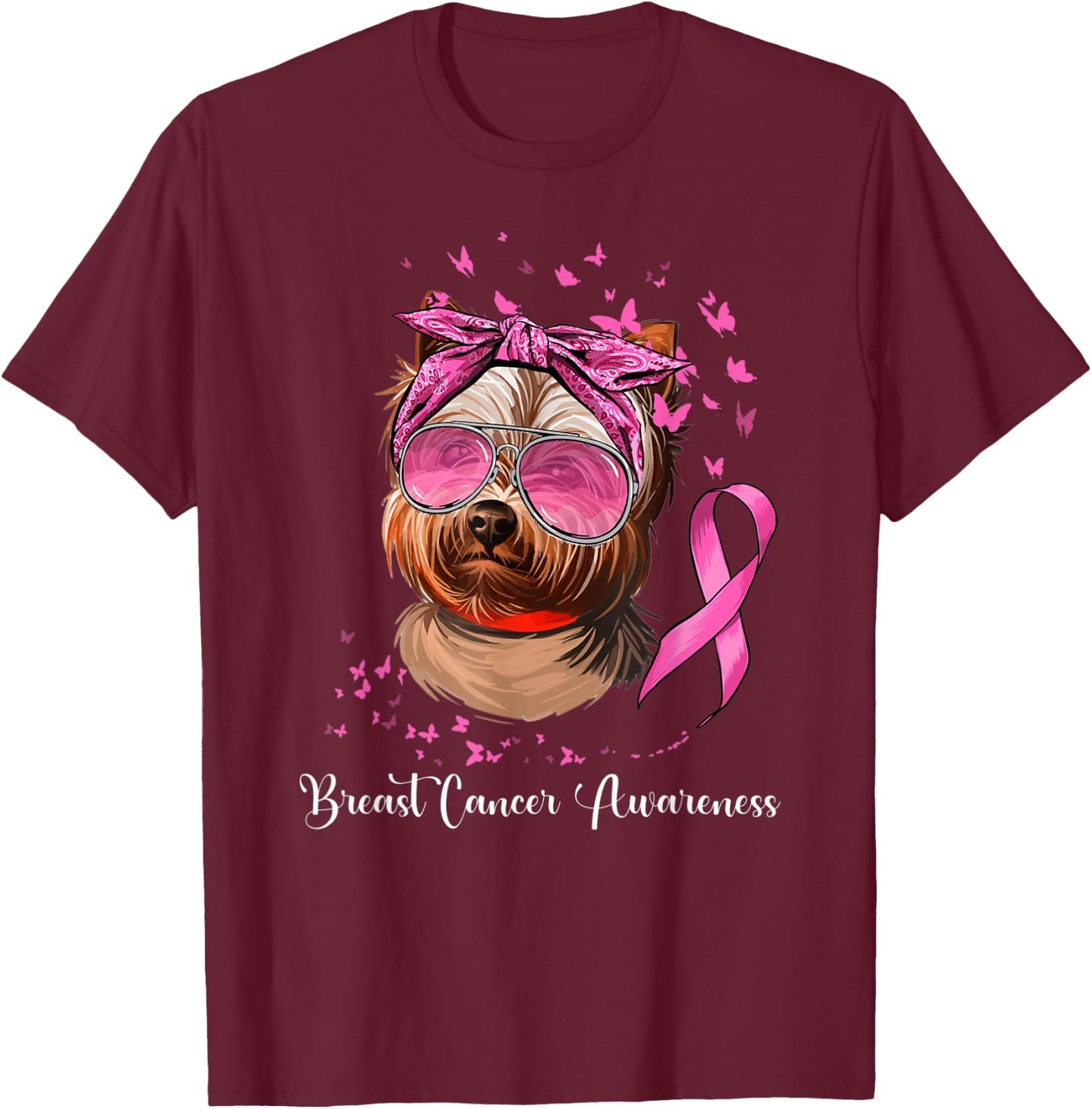 Yorkie Dog Lover Pink Ribbon Breast Cancer Awareness T-Shirt - T-Shirt | Maroon