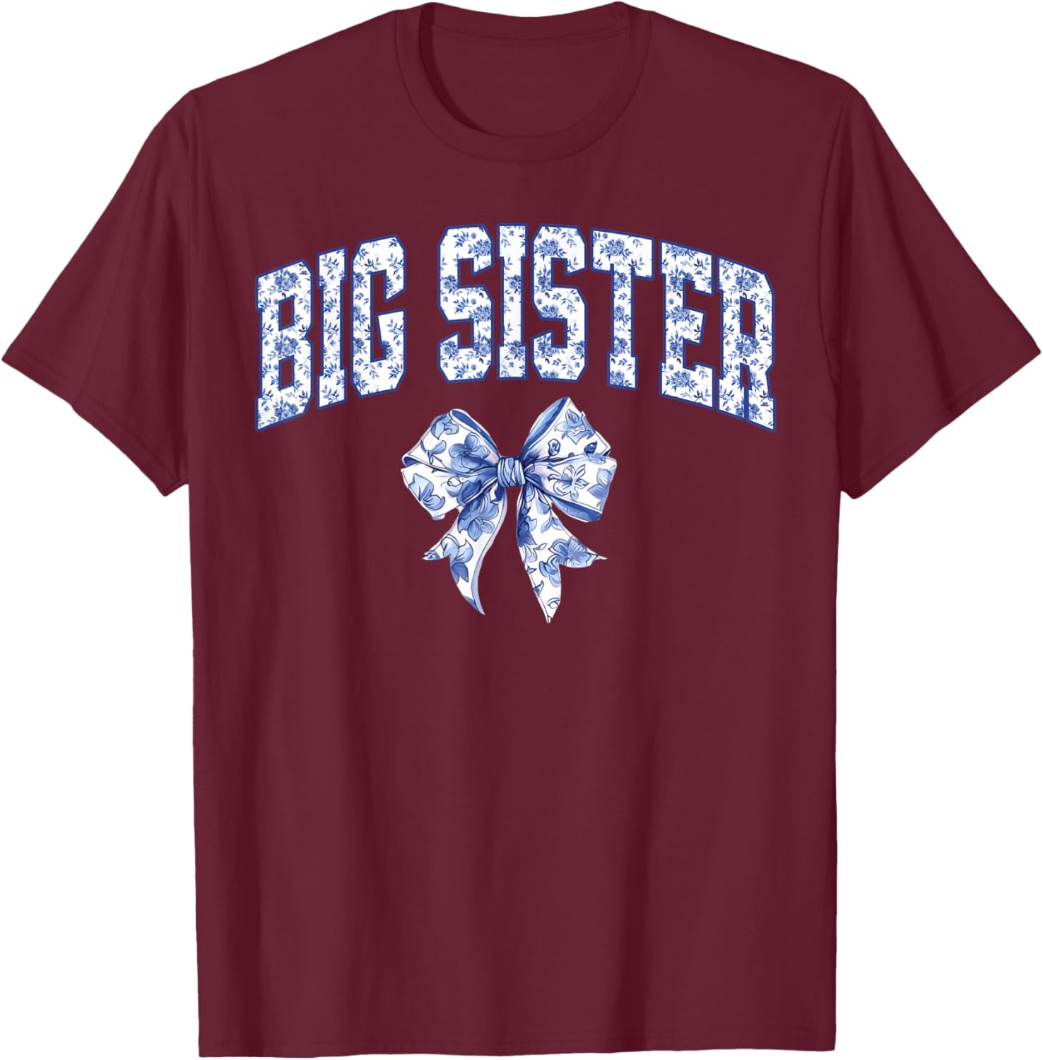 Big Sister Coquette Toile Blue Bow Floral Family Matching T-Shirt - T-Shirt | Maroon