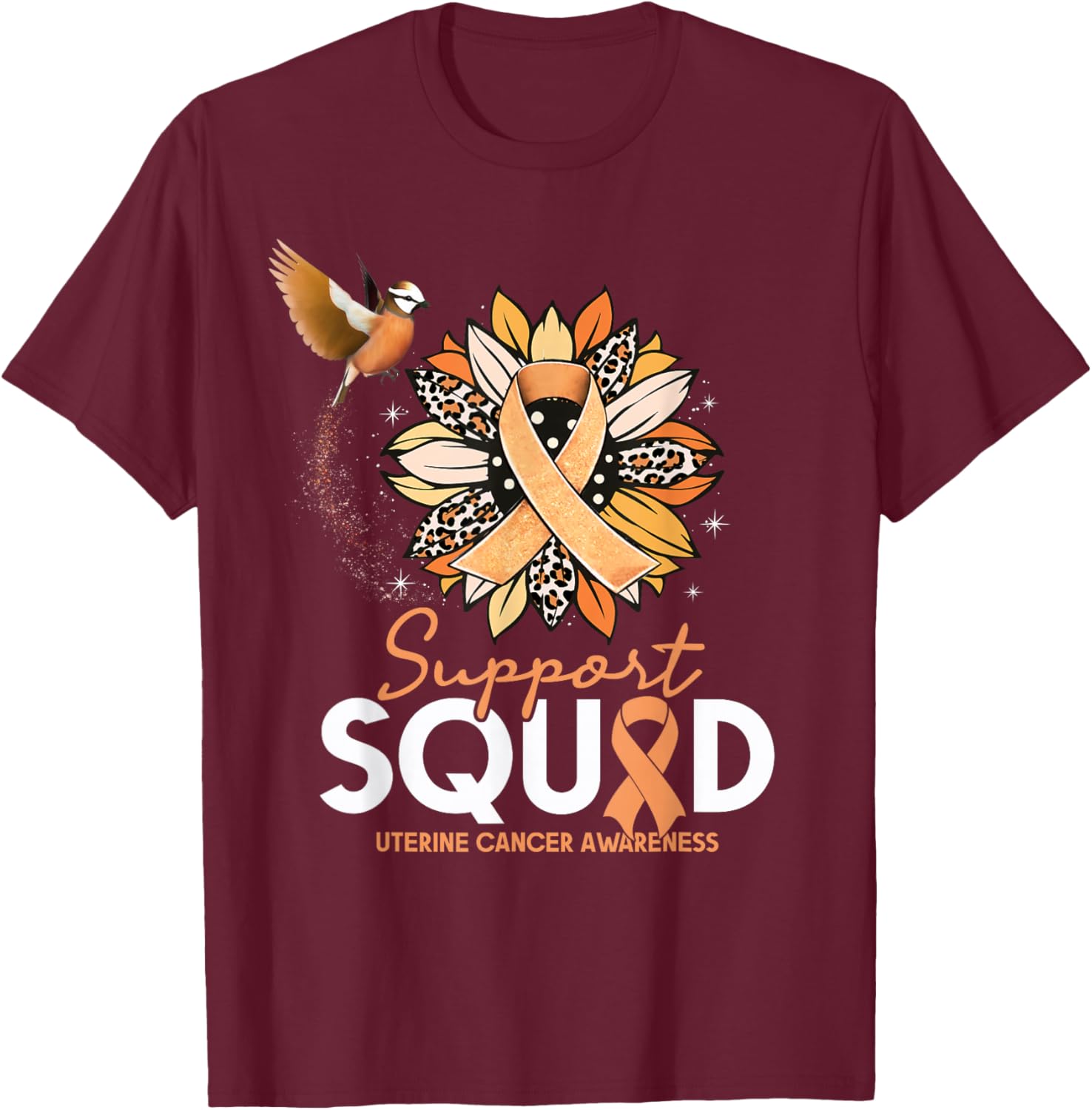 Support Squad Sunflower Hummingbird Uterine Cancer Awareness T-Shirt - T-Shirt | Maroon