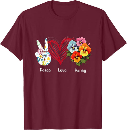 Peace Love Pansy Flower Hippie Pansy Lover T-Shirt - T-Shirt | Maroon