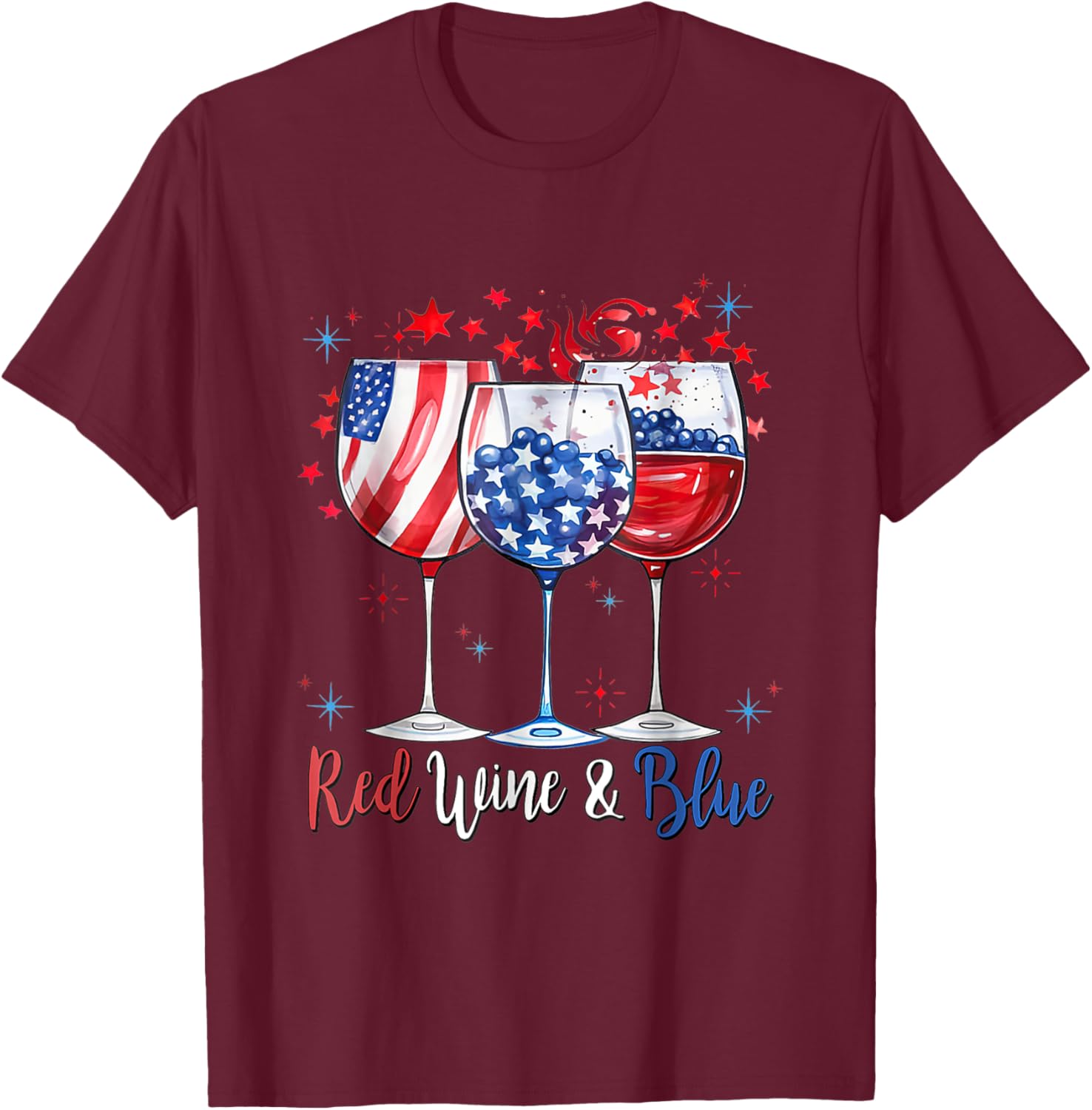 Red Wine & Blue 4th Of July Wine Glasses American Flag Men T-Shirt - T-Shirt | Maroon