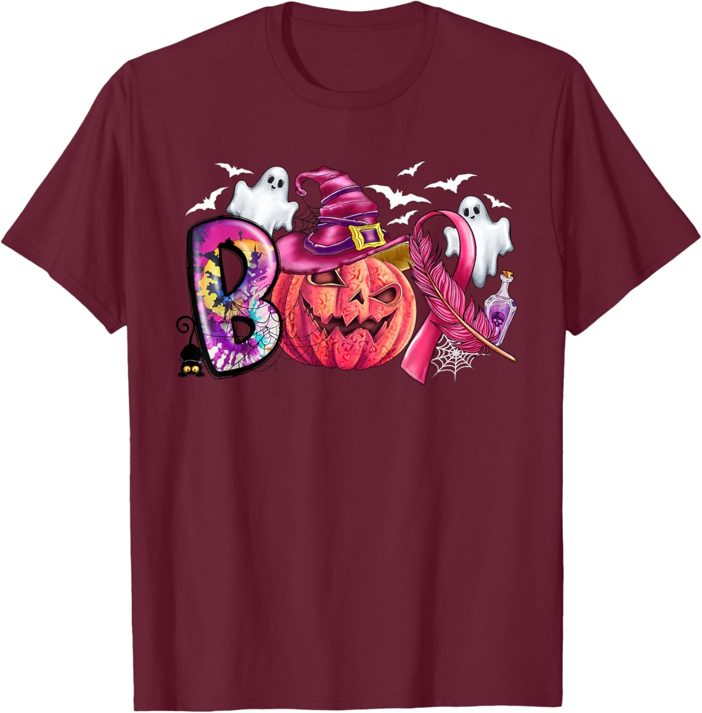 Boo Halloween Pumpkin Pink Ribbon Witch Breast Cancer Ribbon T-Shirt - T-Shirt | Maroon