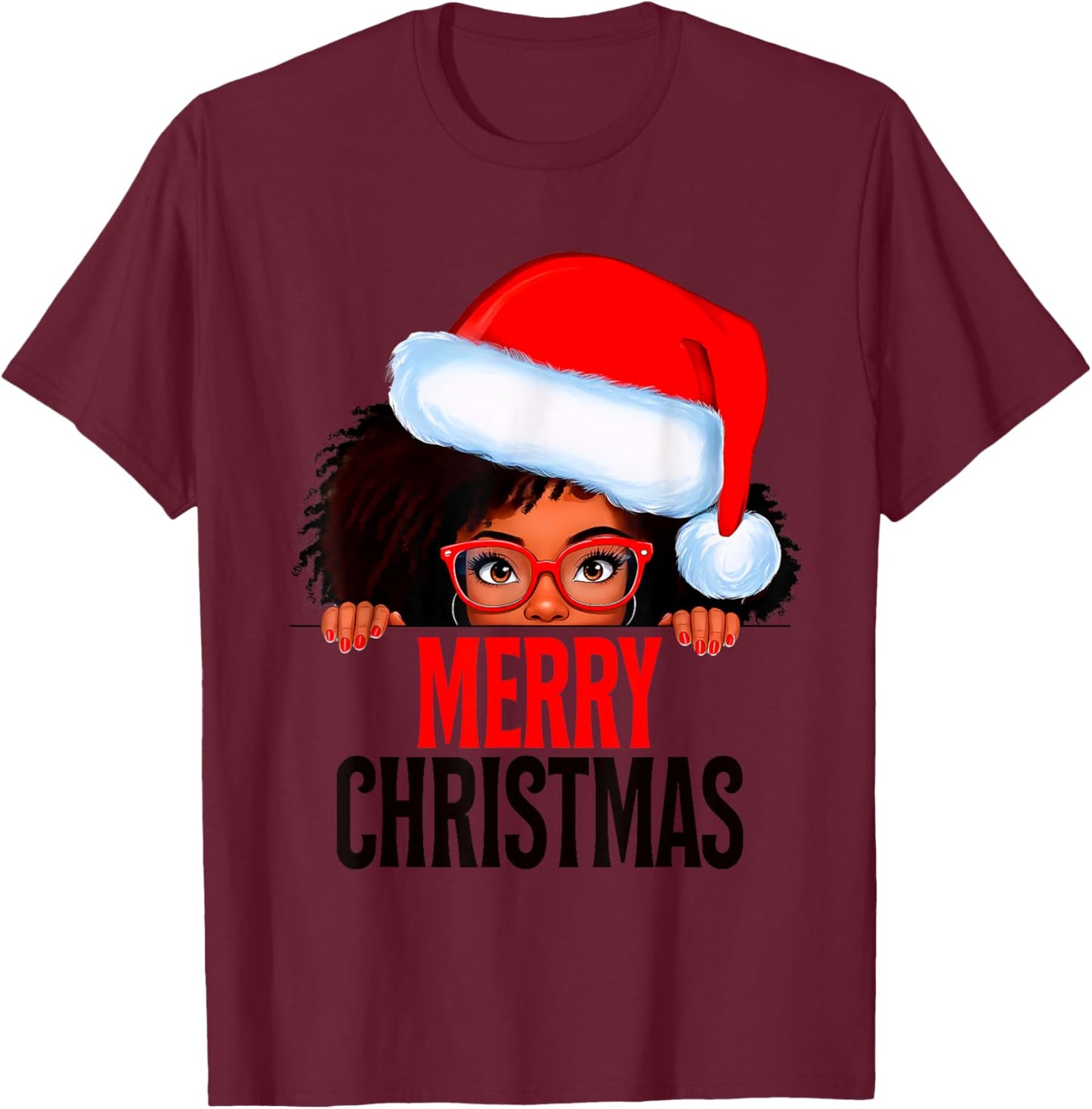 Mrs. Claus Santa Melanin Christmas Black Peeking Claus T-Shirt - T-Shirt | Maroon