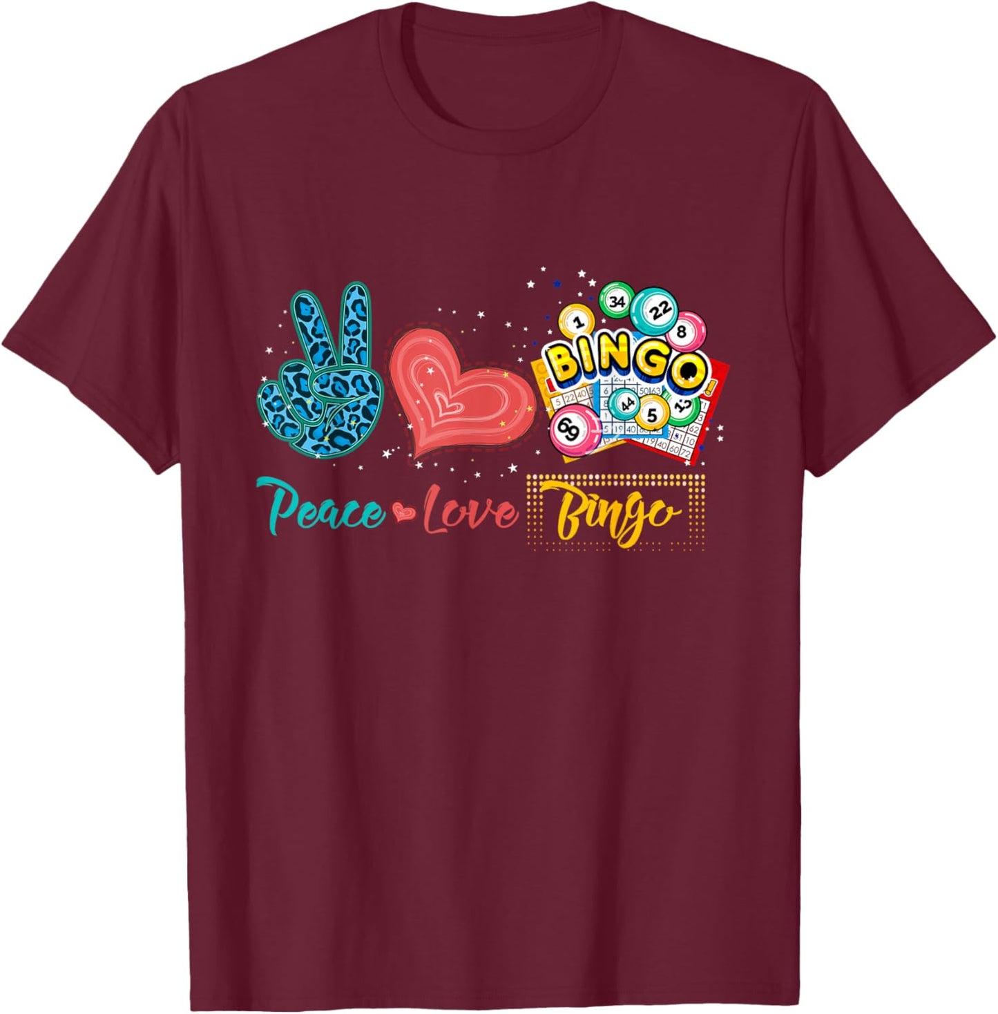 Peace Love Bingo Funny Bingo Lover Leopard Print Heart T-Shirt - T-Shirt | Maroon