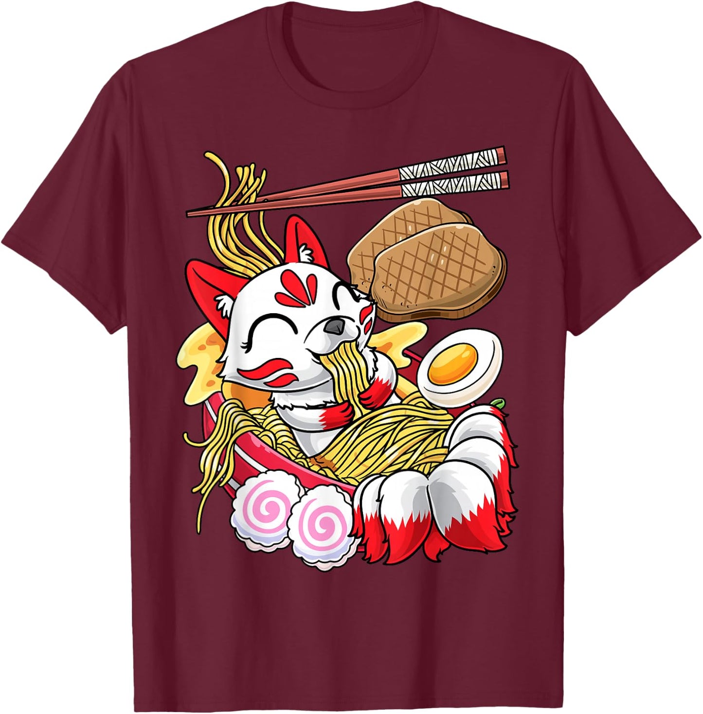 Kawaii Kitsune Fox Ramen Noodles Japanese Food T-Shirt - T-Shirt | Maroon