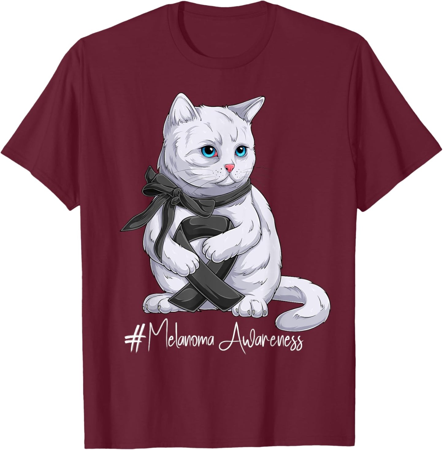 Melanoma Awareness Month Black Ribbon Cat T-Shirt - T-Shirt | Maroon