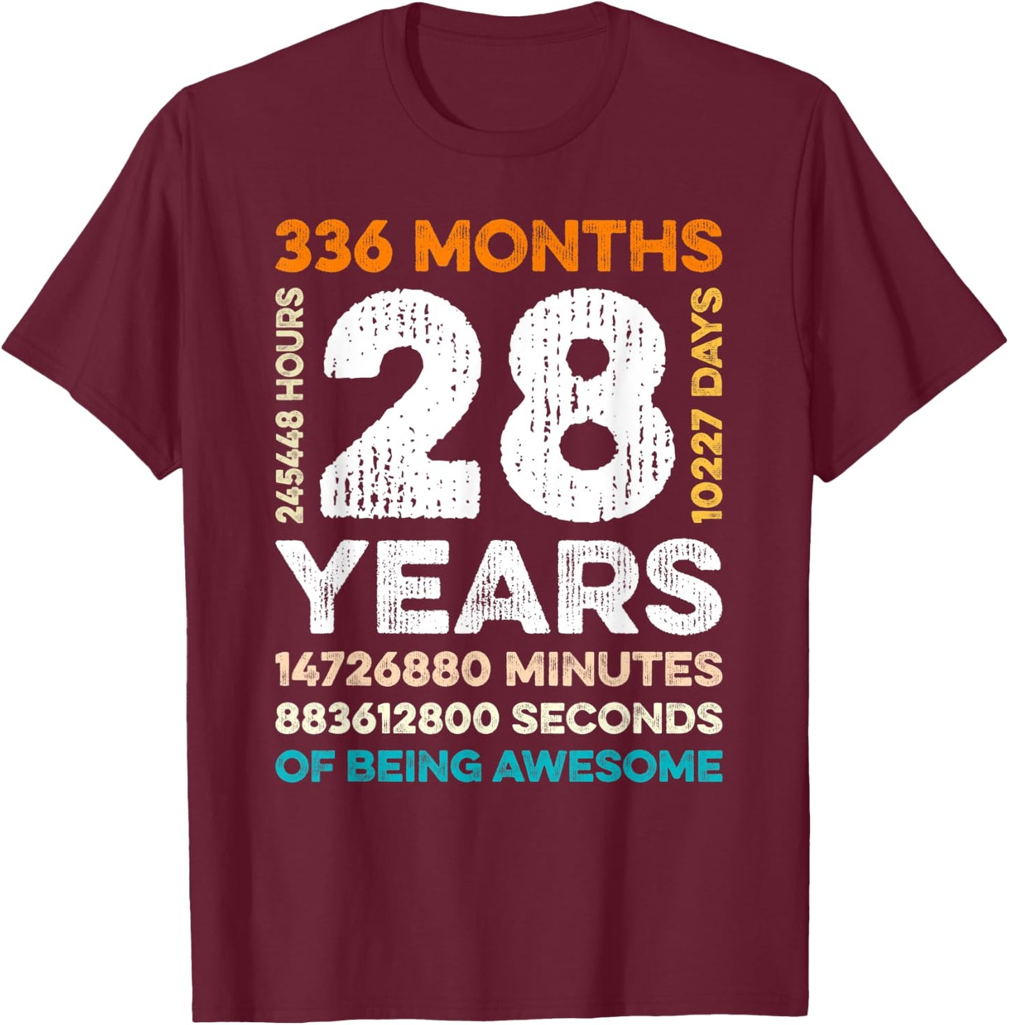 28 Years Old 336 Months Of Being Awesome 28th Birthday Gifts T-Shirt - T-Shirt | Maroon
