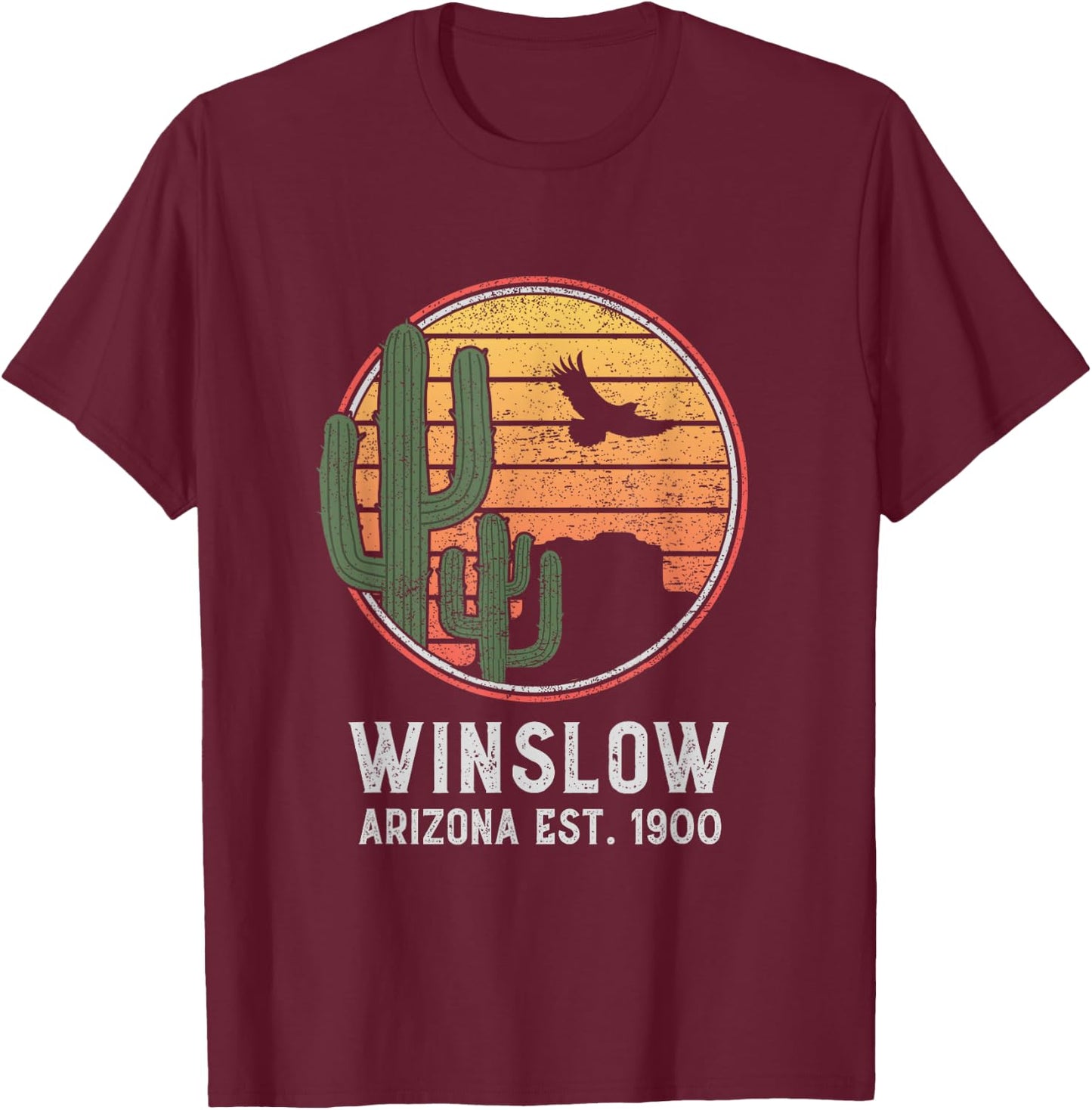 Winslow Arizona Retro Cactus and Sun T-Shirt - T-Shirt | Maroon