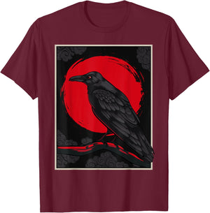 Black Raven Moon Nordic Red Crow Lover Design Japanese T-Shirt - T-Shirt | Maroon