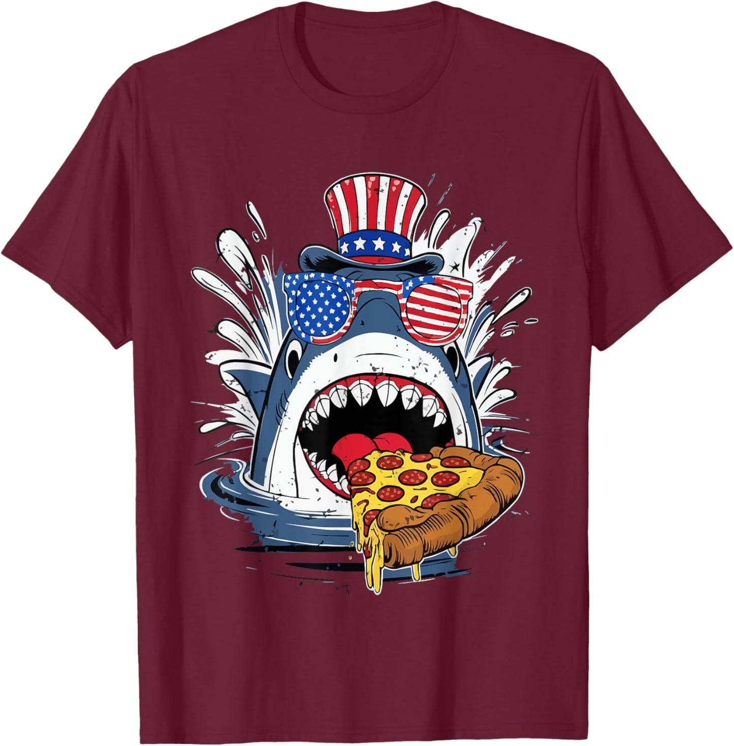funny Shark Eating Pizza 4th of july shark glasses usa flag Kids Men T-Shirt - T-Shirt | Maroon