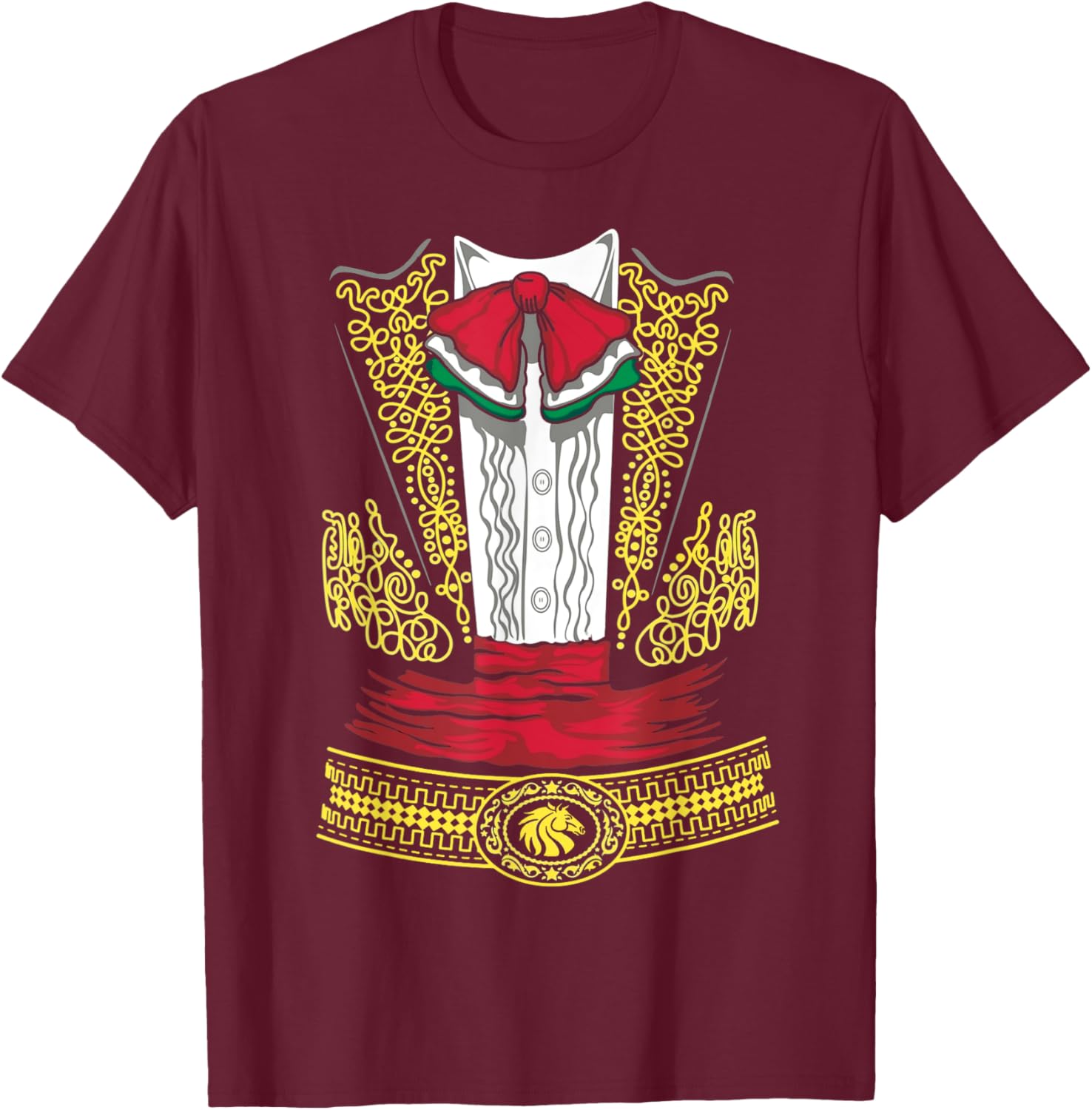 Mariachi Charro Mexican Costume for Dia de los Muertos T-Shirt - T-Shirt | Maroon
