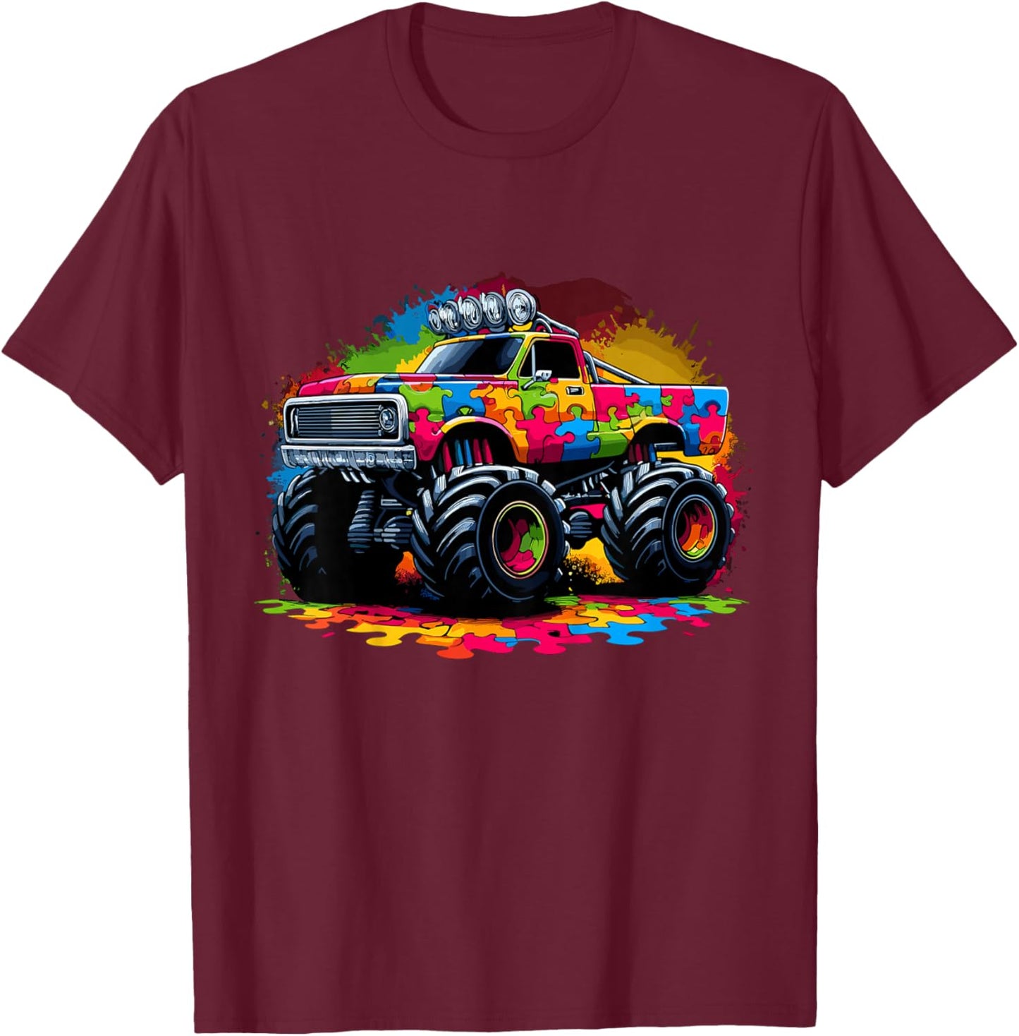 Autism Awareness Puzzle Monster Truck Autism T-Shirt - T-Shirt | Maroon