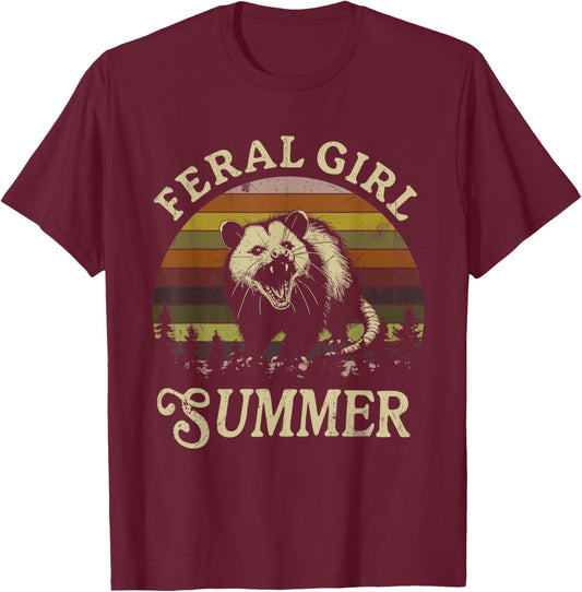Feral Girl Summer Sarcastic Angry Opossum Vintage T-Shirt - T-Shirt | Maroon