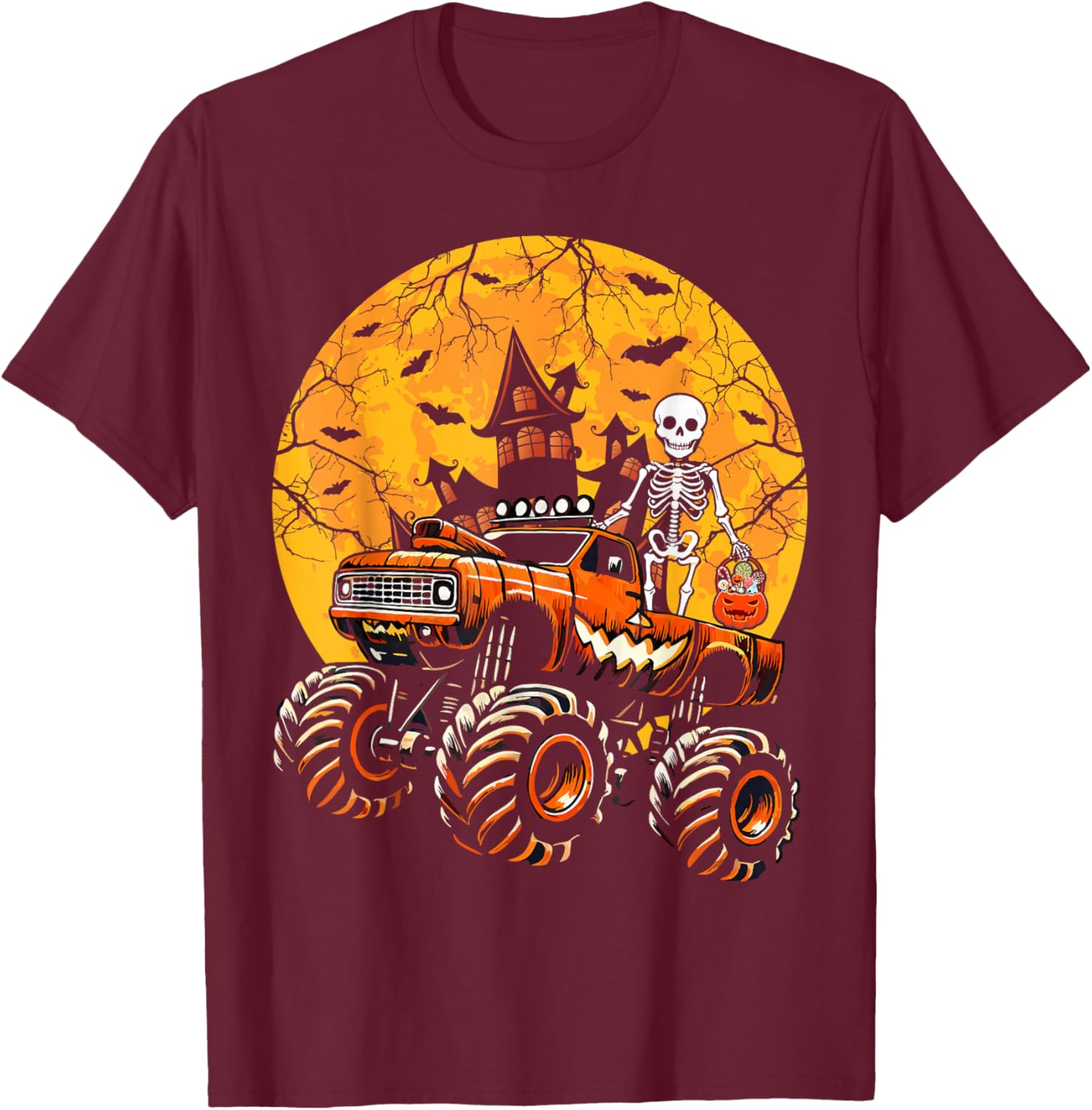 Halloween Skeleton Riding Monster Truck Pumpkin Boys Kids T-Shirt - T-Shirt | Maroon