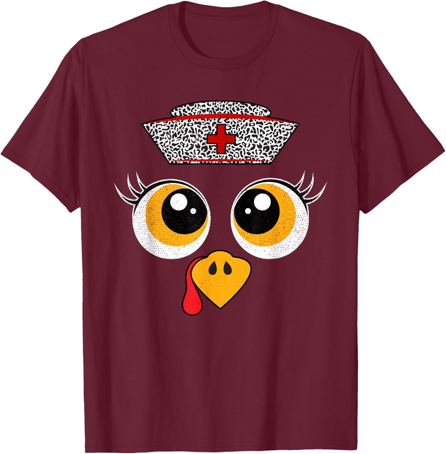 Thanksgiving Scrub Tops Women Turkey Face Nurse Holiday T-Shirt - T-Shirt | Maroon