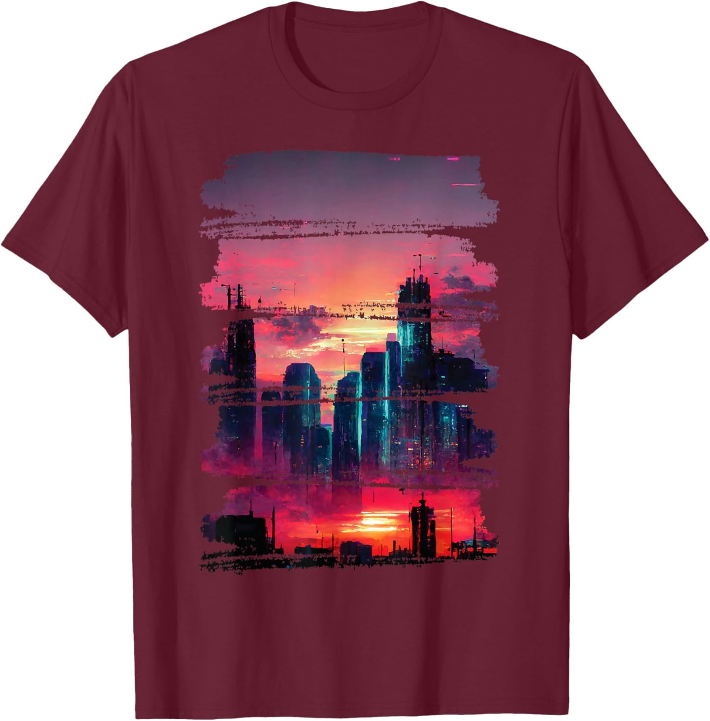 City Skyline Cyberpunk Aesthetic Japanese Streetwear Thema T-Shirt - T-Shirt | Maroon
