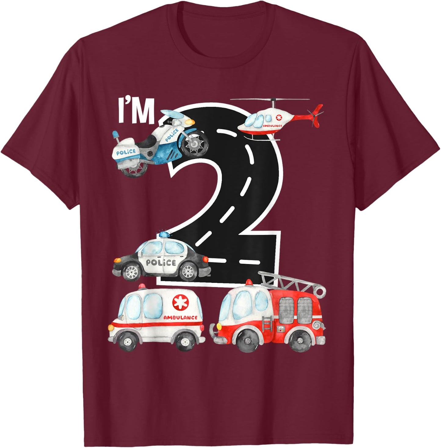 Emergency Vehicles 2nd Birthday Fire Truck Police Car Boys T-Shirt - T-Shirt | Maroon