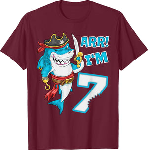 I'm 7 years Bday Shark pirate 7th Birthday boy pirate Party T-Shirt - T-Shirt | Maroon