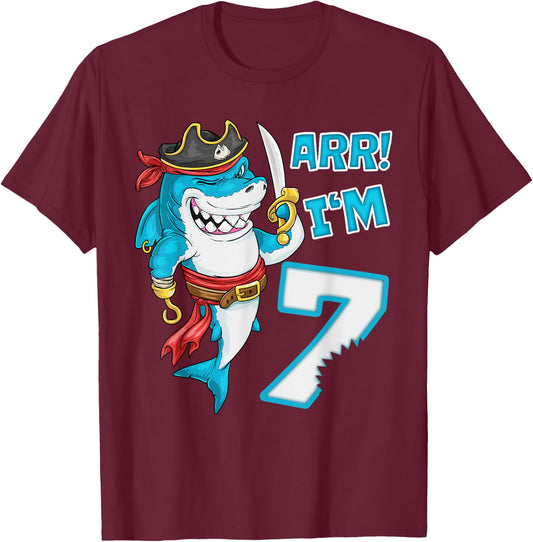 I'm 7 years Bday Shark pirate 7th Birthday boy pirate Party T-Shirt - T-Shirt | Maroon