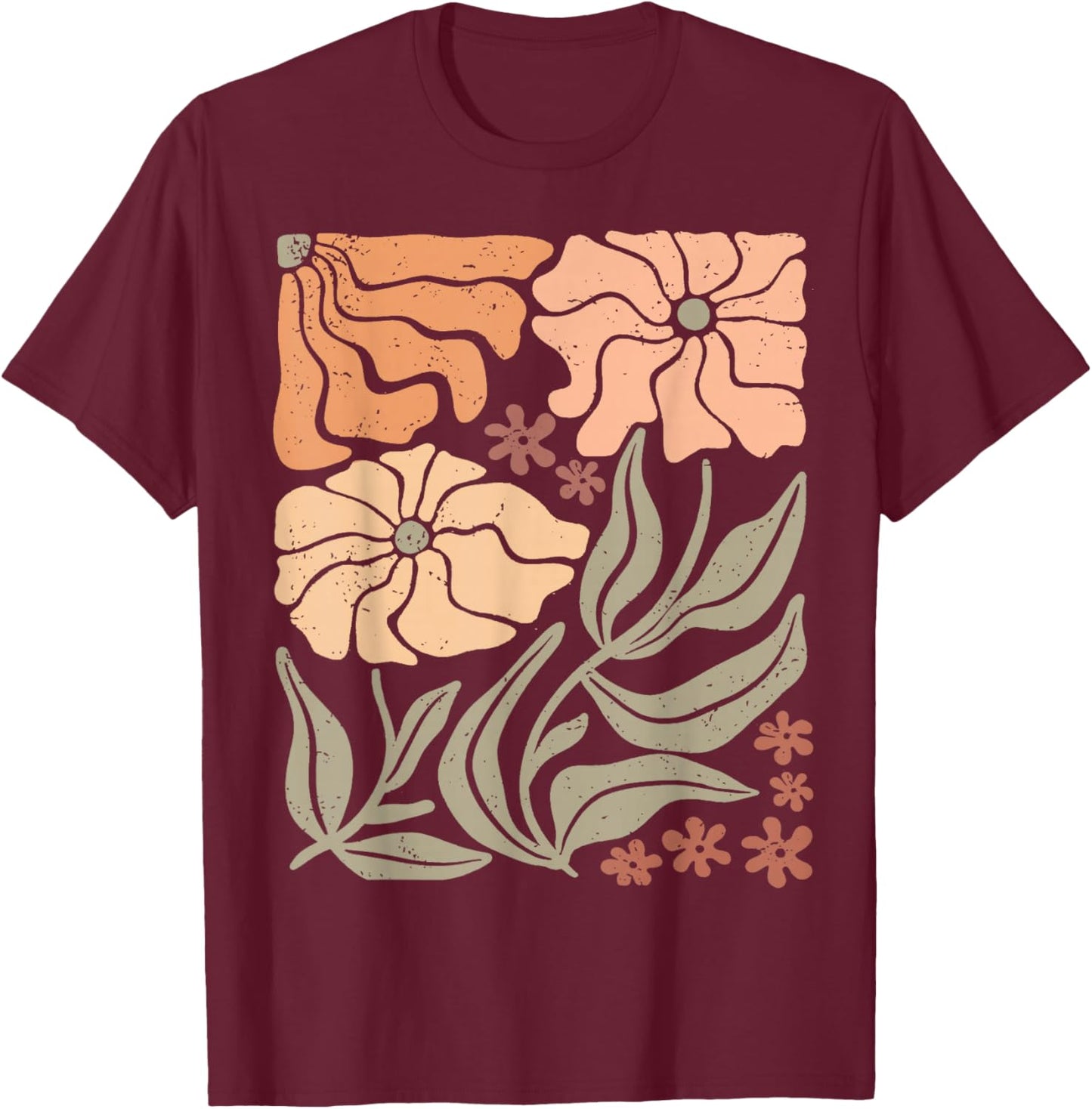 Boho Matisse Wildflower Distressed Pastel Floral T-Shirt - T-Shirt | Maroon