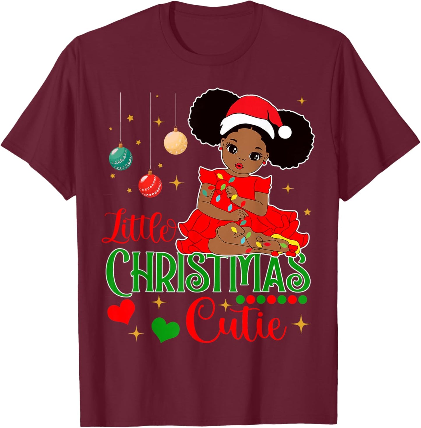 Black Girl Little Christmas Cutie Kids Toddler Girl Xmas Pjs T-Shirt - T-Shirt | Maroon