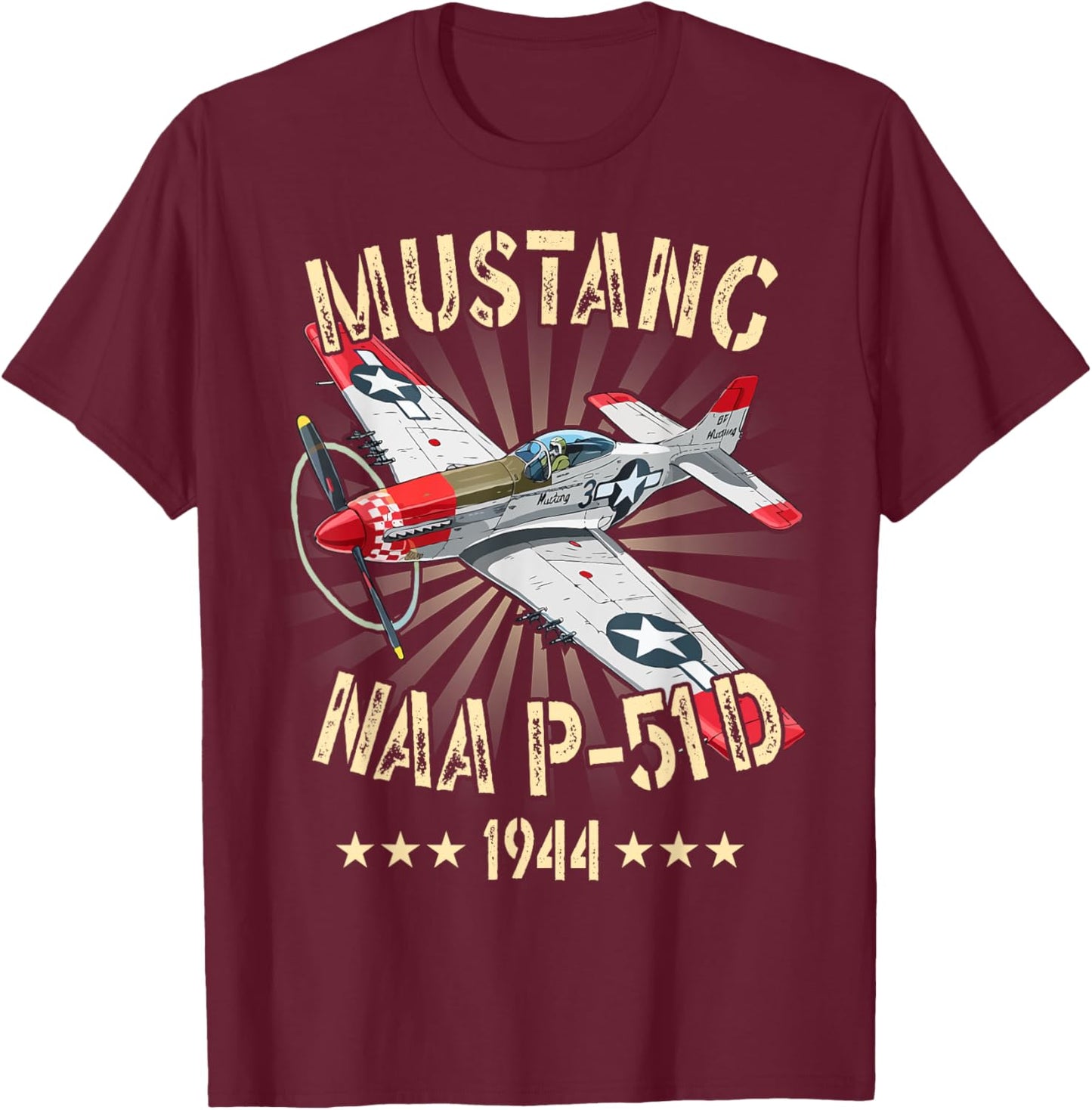 P-51D Mustang Vintage North American P-51D Fighter Warbirds T-Shirt - T-Shirt | Maroon