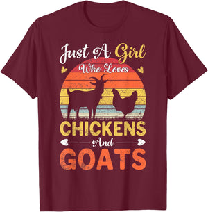 Vintage Just A Girl Who Loves Chickens And Goats Farmer Gift T-Shirt - T-Shirt | Maroon