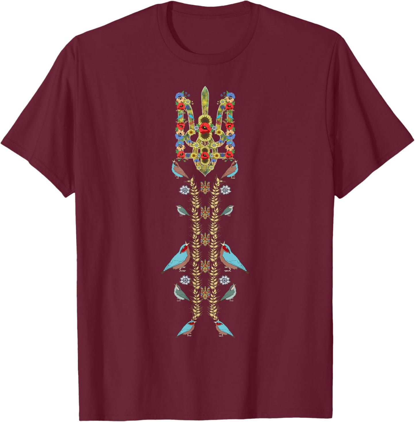 Ukraine Trysub (Dreizack) & Birds Retro Ukrainian Vyshyvanka T-Shirt - T-Shirt | Maroon