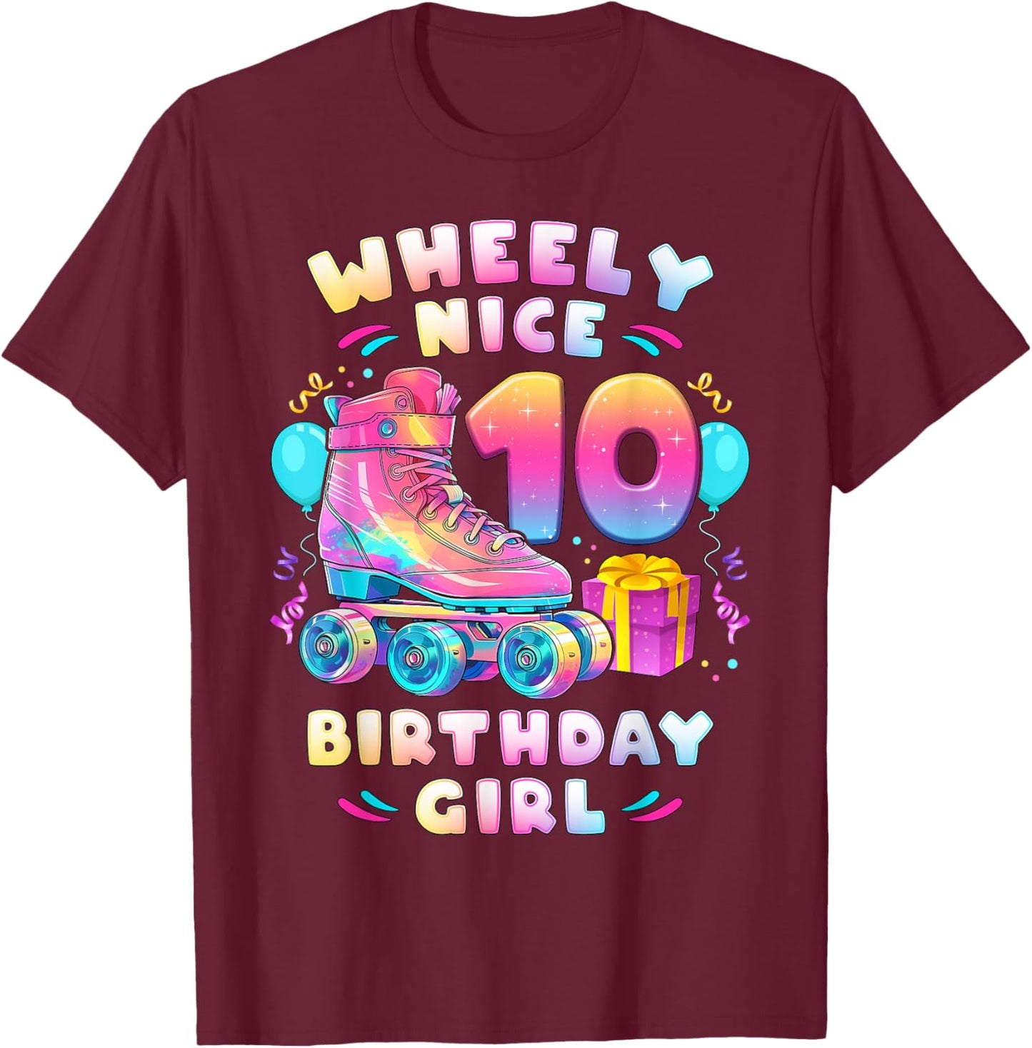 10th Birthday Girl 10 Years, Roller Skates, Number 10 T-Shirt - T-Shirt | Maroon