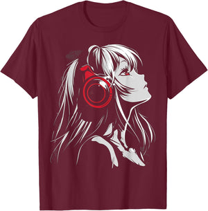 Anime Manga Motif Headphone Artwork Anime T-Shirt - T-Shirt | Maroon
