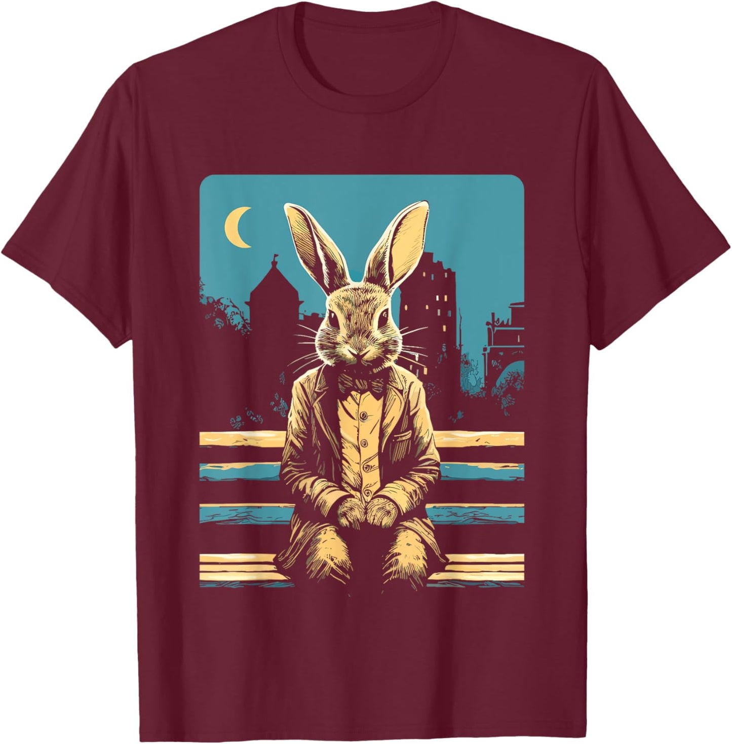 Rabbit on a park bench, Moon, Bunny Lovers, Men,Women, Kids T-Shirt - T-Shirt | Maroon