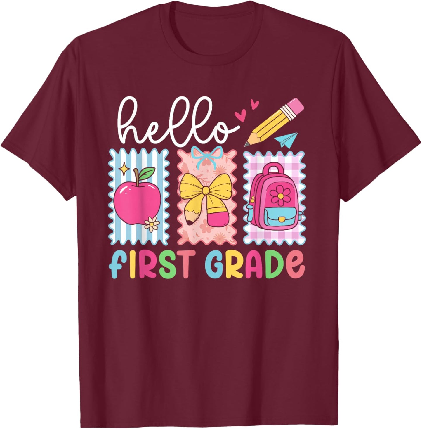Hello First Grade Team Back to School Teacher Student Kids T-Shirt - T-Shirt | Maroon