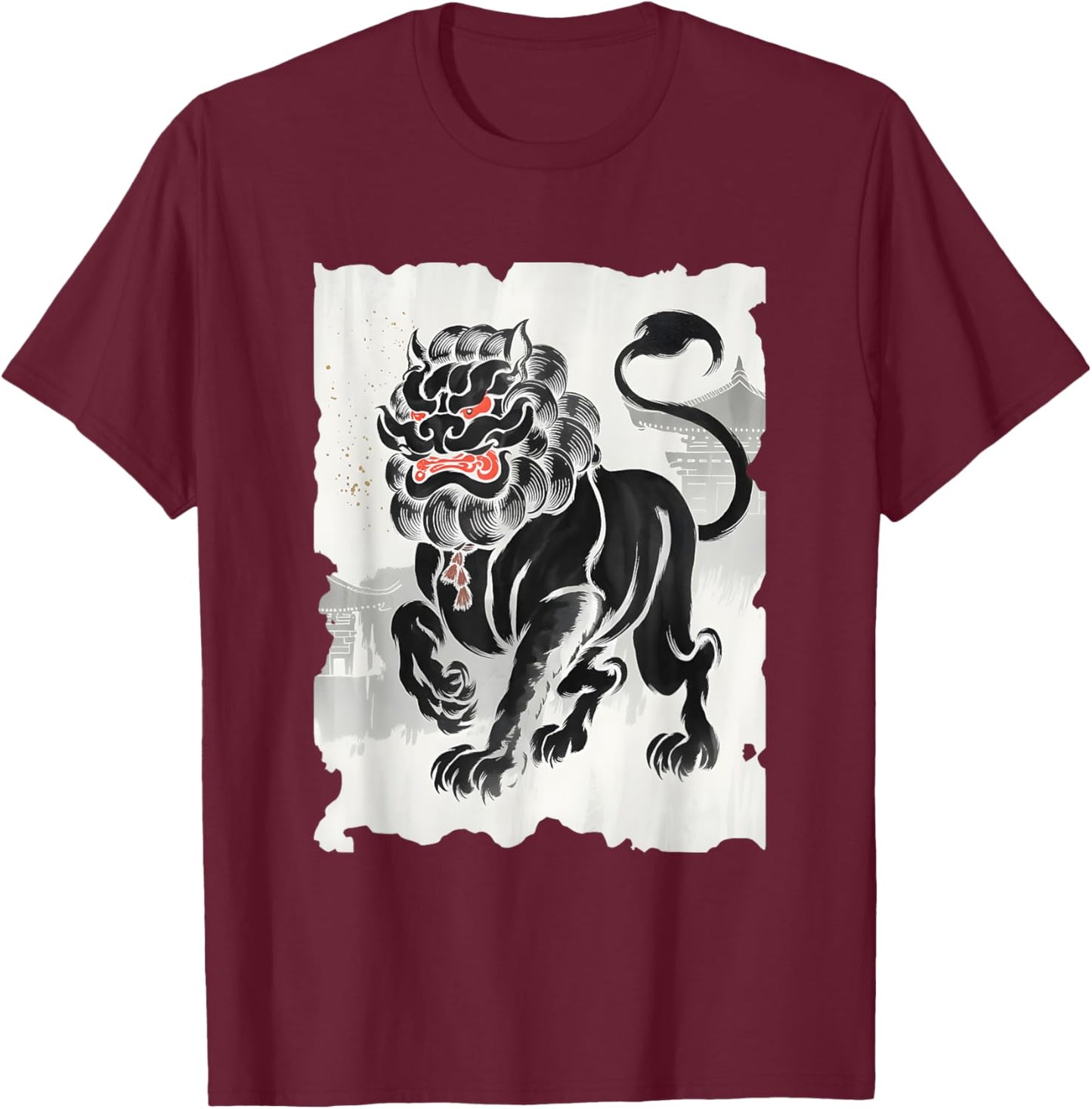 Komainu Sumi-e Graphic - Vintage Japanese Art Lion-Dog T-Shirt - T-Shirt | Maroon