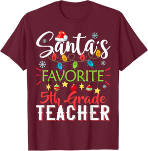 Santa's Favorite 5th Grade Teacher Xmas Light Hat Christmas T-Shirt - T-Shirt | Maroon