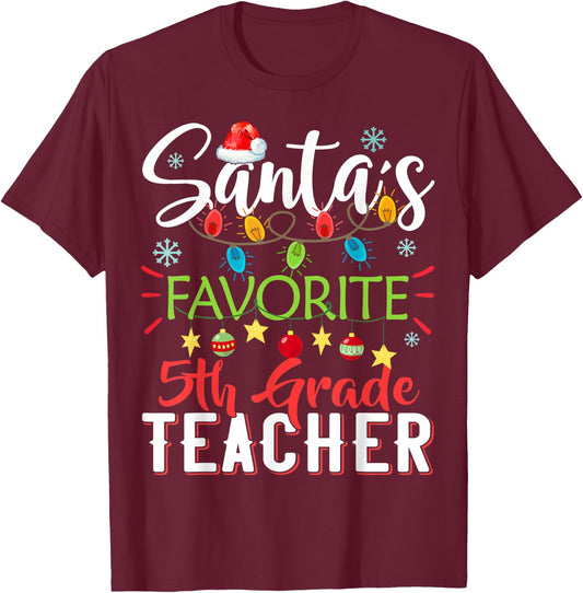 Santa's Favorite 5th Grade Teacher Xmas Light Hat Christmas T-Shirt - T-Shirt | Maroon