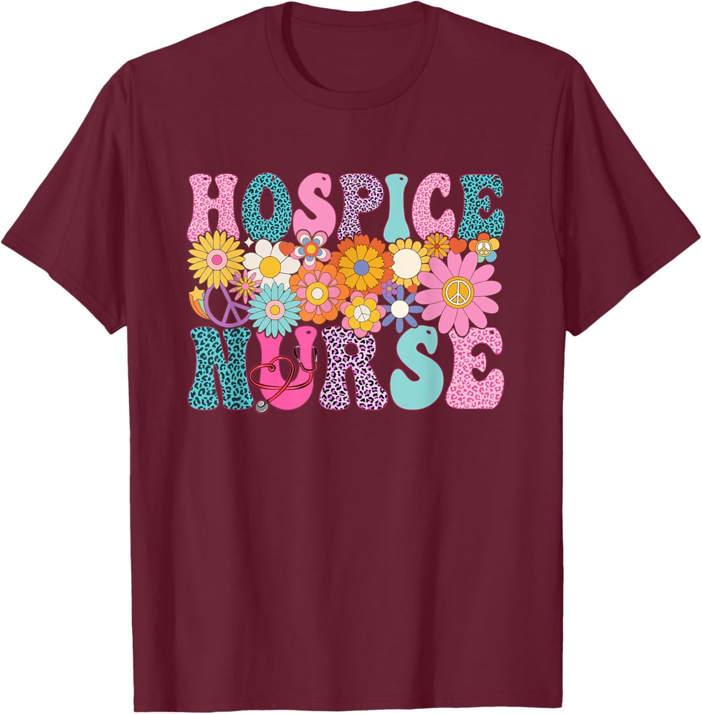 Hospice Nurse Week Groovy Leopard Appreciation Day T-Shirt - T-Shirt | Maroon