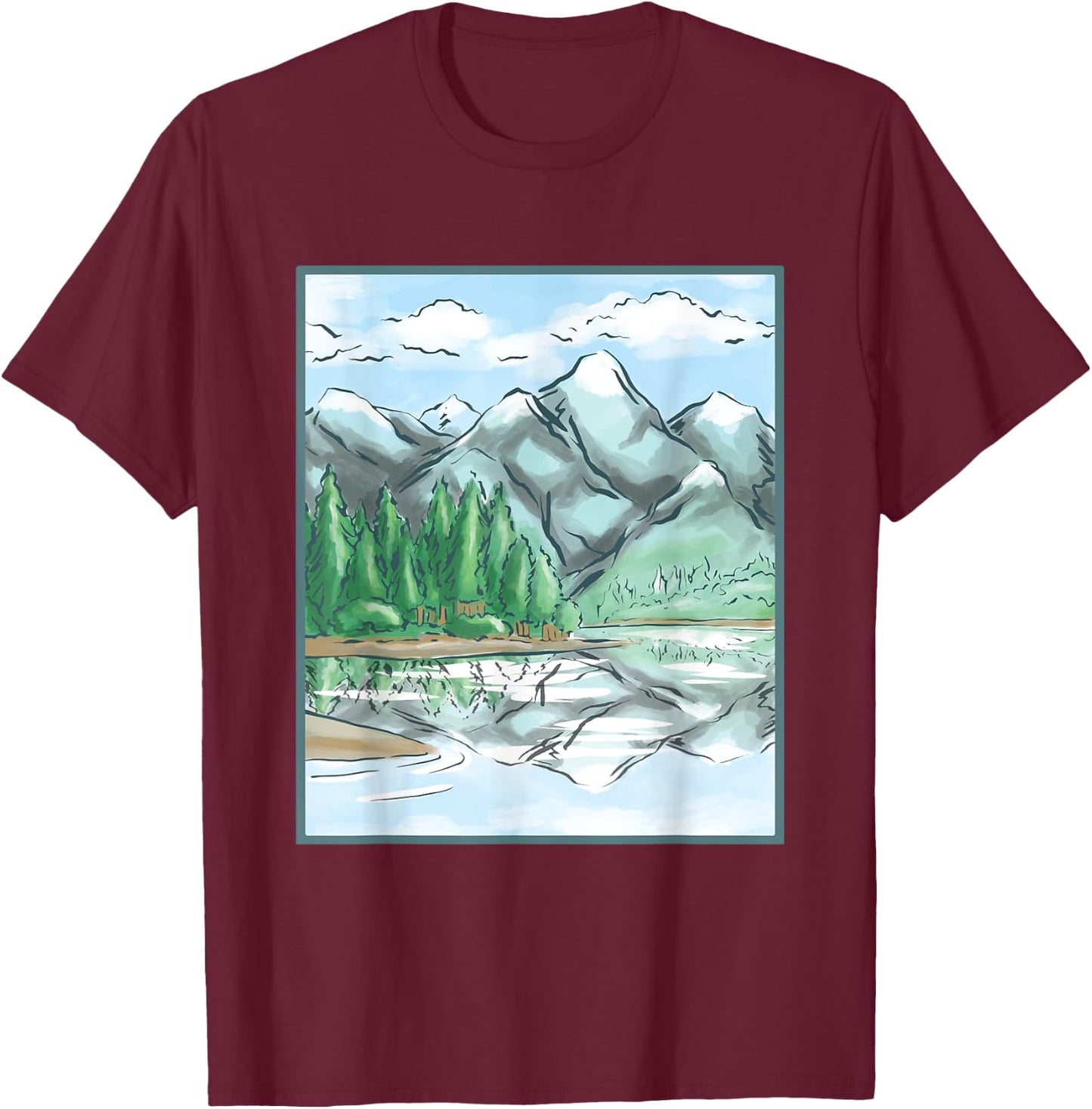 Nature Forest Lake Mountain Landscape T-Shirt - T-Shirt | Maroon