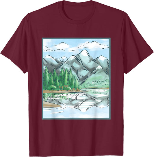 Nature Forest Lake Mountain Landscape T-Shirt - T-Shirt | Maroon