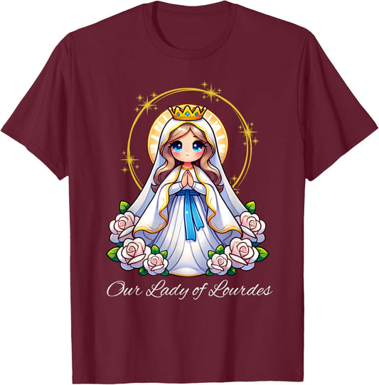 Our Lady of Lourdes Pray Mary Cute Women Catholic Girls kids T-Shirt - T-Shirt | Maroon